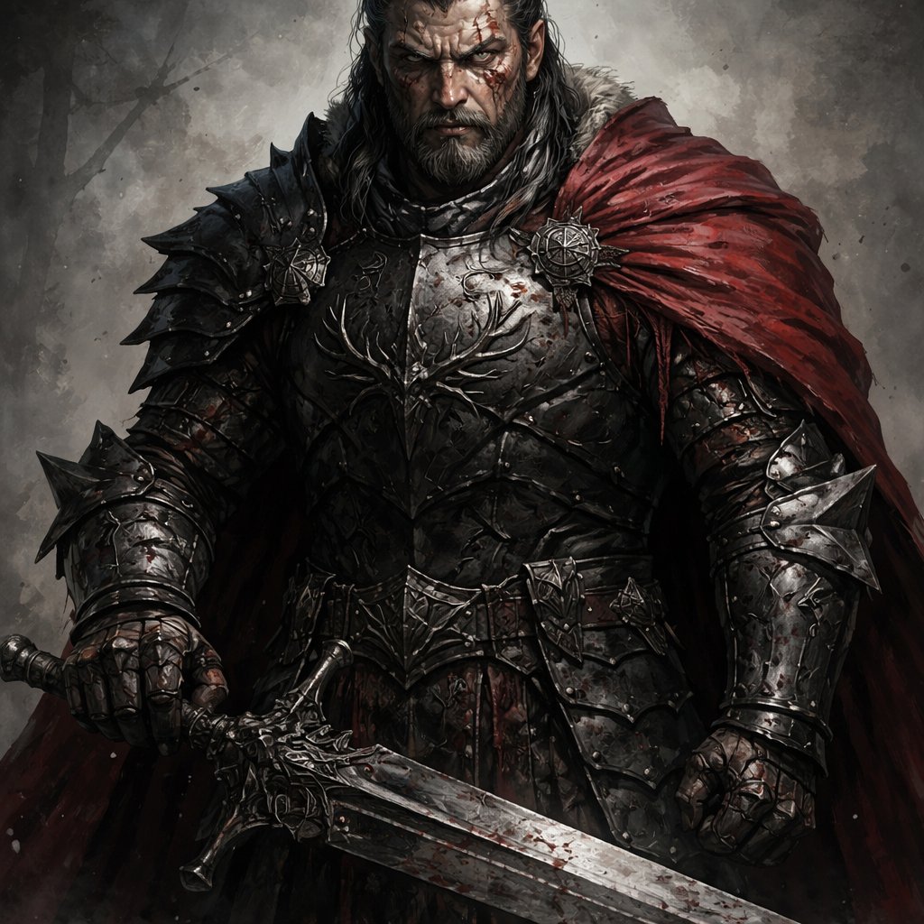 Tall (6’4”), broad and battle-scarred • Black hair streaked with gray, tied back • Deep scar running from brow to jaw across one eye • Wears blackened plate armor etched with stag antlers, and a heavy crimson war-cloak