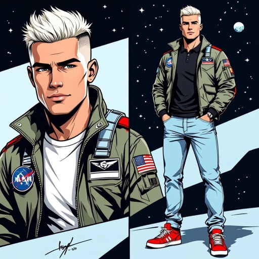 man with Platinum Blonde Military Buzzcut Hair.  Astronaut Flight Jacket Black And White Polo and Light blue denim jeans with red sneakers
