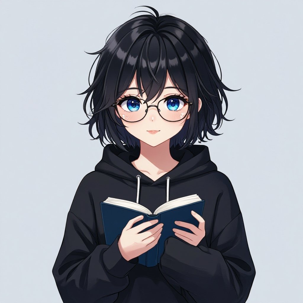 a girl with a flap chest, wears a oversized black hoodie and black shorts, has very short black, messy hair, beautiful blue eyes, wears perscription glasses, holding a book close to her chest, cute and beatiful