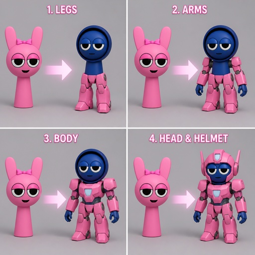 Pinki from Sprunki as Elita One merging her legs onto Jevin from Sprunki and then her arms and then her Body and lastly her head and helmet
