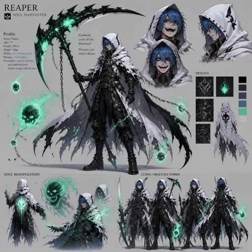 Male superhero with the ability control green spirits, crazy, blue hair, cool outfit, white cape with hood, black eyes, scythe, multiple of the same character 