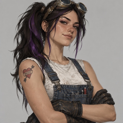 Female, freckles, 18, smirking, side ponytail black hair with purple strips, mechanic goggles, white shirt no sleeves no cleavage showing, Jean suspenders, black work gloves, eyebrow piercing, red heart with an arrow going through it with the word mom on the heart tattoo on right shoulder, 