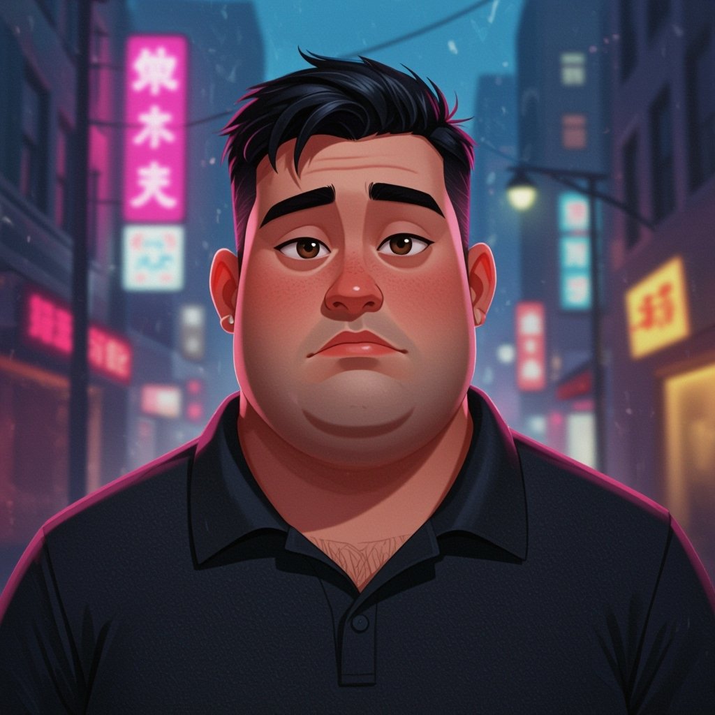 mężczyzna o krótkich czarnych włosach. ciemne oczy, lekko przymrużone. Wąskie wargi ust z mocniej zarysowaną górną wargą. Pulchny. twarz okrągła. Pyzaty. Nadwaga. Ubrany w czarną koszulkę polo. tło różowe.