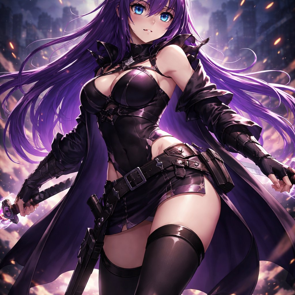 Anime-style female character with long purple hair and bright blue eyes. Slim athletic body, larger breasts, toned figure, and a well-shaped medium-sized butt. She wears a flowing cloak on her back, a katana sword, and a belt with a pistol attached. Outfit in dark purple and black colors, stylish and edgy. Detailed anime art style, dynamic pose, high-quality illustration, sharp details, dramatic lighting, fantasy action charakter.