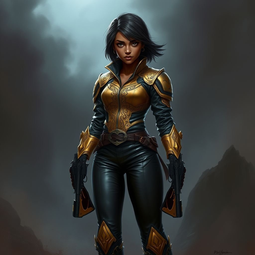 A teenage African American female with shoulder length hair  in a side part style wearing an armored gold leather jacket with black accents black leather pants and gold boots with a gun belt and two guns on her hips