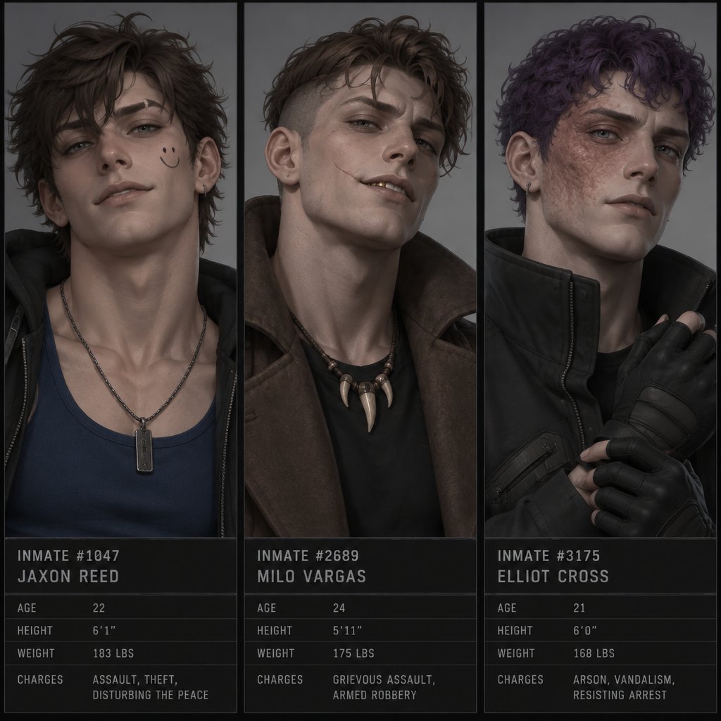 Male, neck length dark brown messy hair, no bangs, smiley face on cheek, dimples, grey eyes, eyebrow slit, blue tank top, black jacket, black necklace, Male, no facial hair, brown choppy messy hair undercut, smirk, pale, gold tooth, scar under eye, scar on cheek, brown long jacket, no facial hair, late 30s, tooth necklace, Male, short curly purple hair, burn scar on right cheek, pale, grey eyes, jacket, gloves, mug shots separate screens