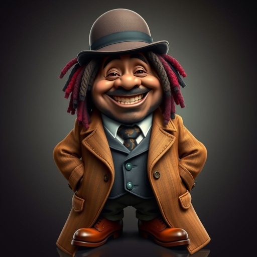 Create a funny fat character similar to Sherlock Holmes, but make him of black decent and with dread locks. Show his whole outfit including his shoes.
