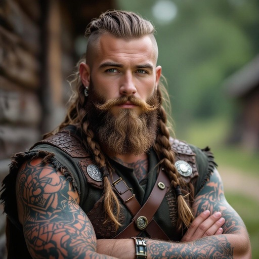 Man with a small beard with shaved sides and long hair, Viking like with tattoos all over his arms