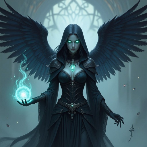 Fallen female Aasimar necromancer