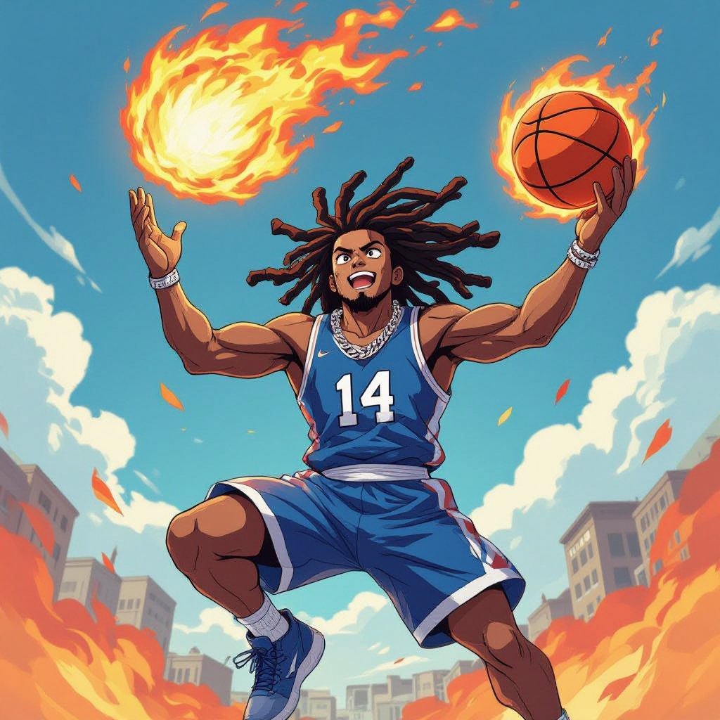 My character is a kind of muscular guy with whiter skin with 12 big dreadlocks and a blue basketball jersey with the number 14 and a chain on his neck and he is jumping high in the air to dunk a fire ball