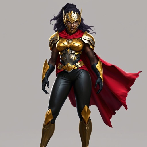 An African American female superhero wearing A full face female war mask with gold accents wearing a gold and silver set of chest armor with a red cloth wrapped around her waist wearing leather pants with leg armor and gold boots