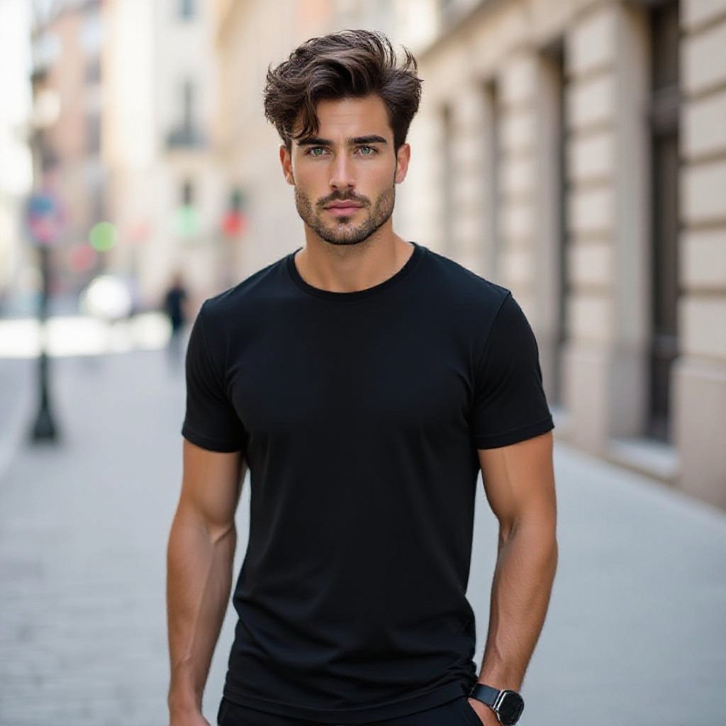 Homem alto cabelo preto meio bagunçado branquinho mais bronzeado do sol olho verde esmeralda musculoso Zinho