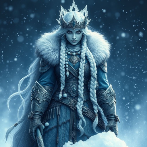 A battle-hardened woman with icy-blue skin. Her long silver hair flows in braids tipped with frozen beads. She wears heavy, fur-lined armor made from the hides of snow beasts. A frost-shaped crown rests lightly on her head. Please show whole character not just waste up. Need to see her shoes also…