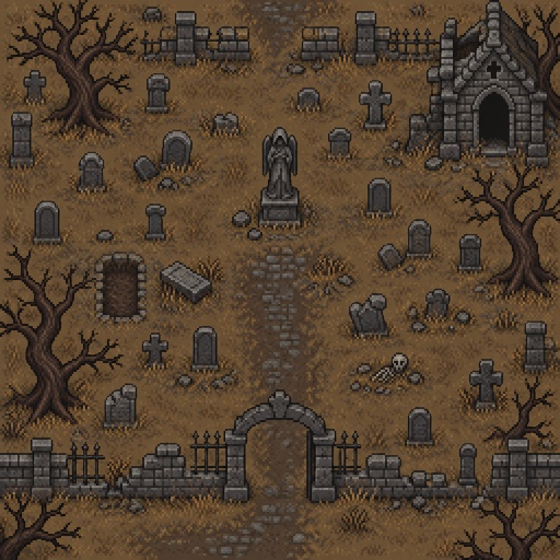 Abandoned Graveyard for a modern fantasy game, exterior, top down style