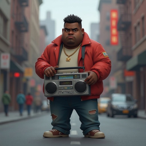 Create a kinda dark skin funny looking fat guy who isnt friendly from New York  has a boom box radio and is a stoner 