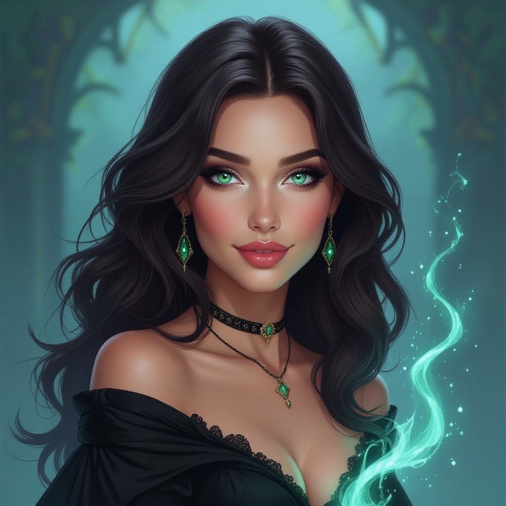Kobieta o ciemobrązowych włosach do pasa, jasnych zielononiebieskich oczach, pełny makijaż. Ubrana na czarno. człowiek. Uśmiechnięta, ale mroczna.

