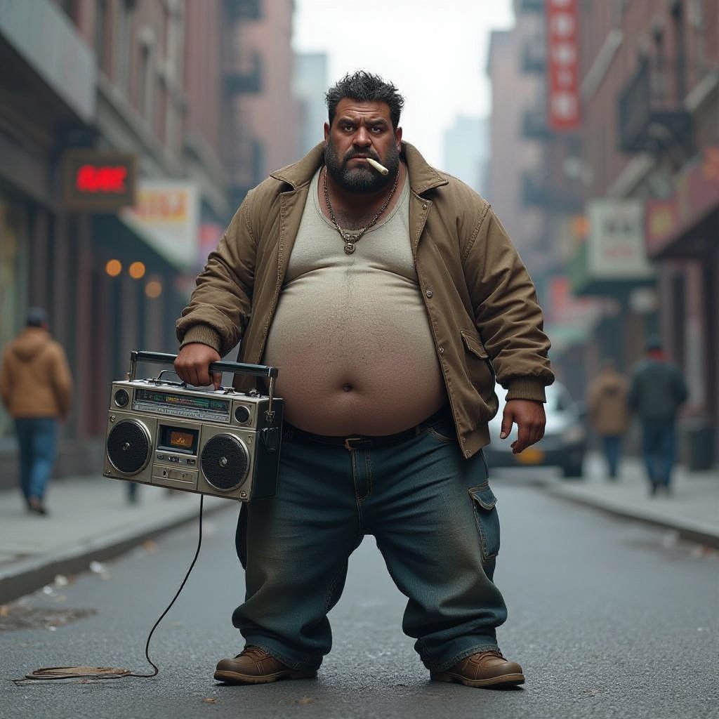 Create a kinda dark skin funny looking fat guy who isnt friendly from New York  has a boom box radio and is a stoner 