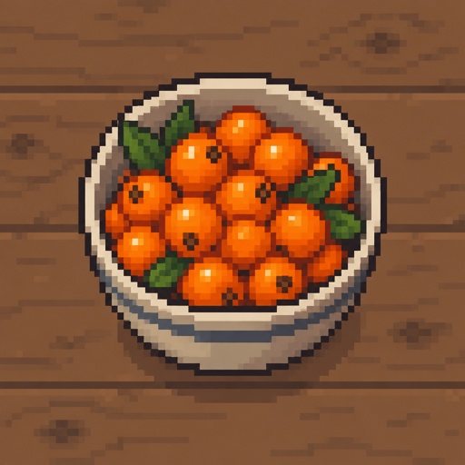 warm orange berries used in cooking for a fantasy game set in modern times, top down style