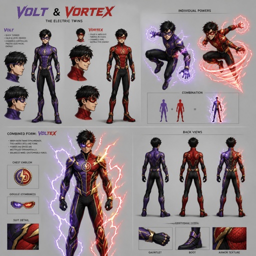 Male superhero twins with lightning powers, teenagers, there wearing cool costumes but not the same as the other, goggles, one has purple the other has red, they can morph into one body, black hair,multiple of the same character 