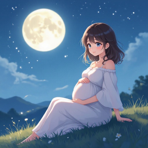 A pregnant lady sitting on a hill lit by the moon