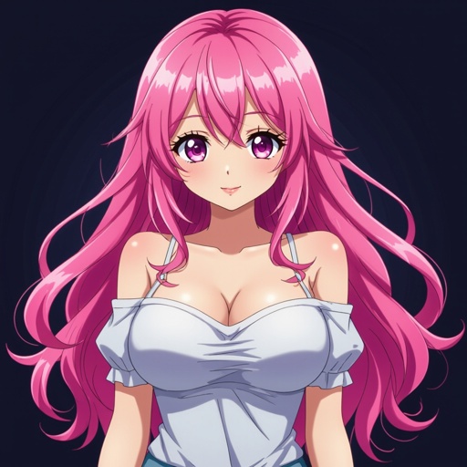 Can you create a photo of an anime girl with pink hair and a large chest