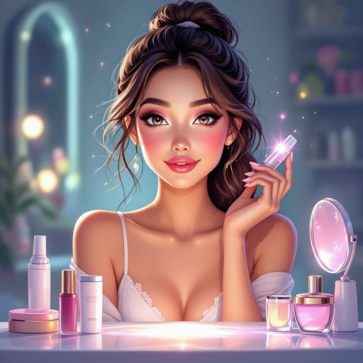 Create a character showing there whole body head to toe, a lady who loves beauty products