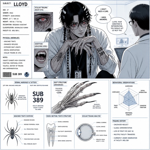 Anime white and Asian male,name is Lloyd,hair messy long braided black hair with white stripes,clean shaven,highly skilled,in late 20s,migraines,sarcastic,red glowing eyes,one eye is severely damaged,serious face,been unwillingly experiment on for many years until finally found and rescued ,has power of a spider and control spiders make traps poison and crawl on walls and ceiling dangerous,glasses,wears a loose jacket a nice fully covered shirt ,loves spiders, nice big earrings,a tattoos on left that means arachnid and on right arm a tattoo that says sub 389,doesn't remember anything from his past except the experiments, long scary fingers, spider fangs, traumatized,special agency is keeping an eye on him. Lloyd and a scientist having a conversation, scientist “do you know where you originally lived or any relatives” Lloyd “no… but why does that matter know? Who cares I don’t,there’s no point, I wouldn’t be recognized by them anyway”scientist”you don’t care to find out who you are?” Lloyd “no…I don’t” scientist “what else do you remember?” Lloyd staring of in the distance with a small look of fear in his eyes says “only the experiments”as a comic