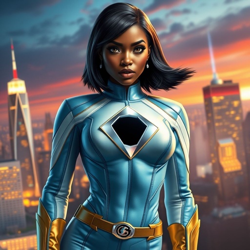African American female superhero with hair in a shoulder length side part hairstyle with pure Glowing eyes wearing a leather light blue white and gold suit with light blue pants and gold boots and a silver diamond within a black hole as her chest emblem in Philadelphia