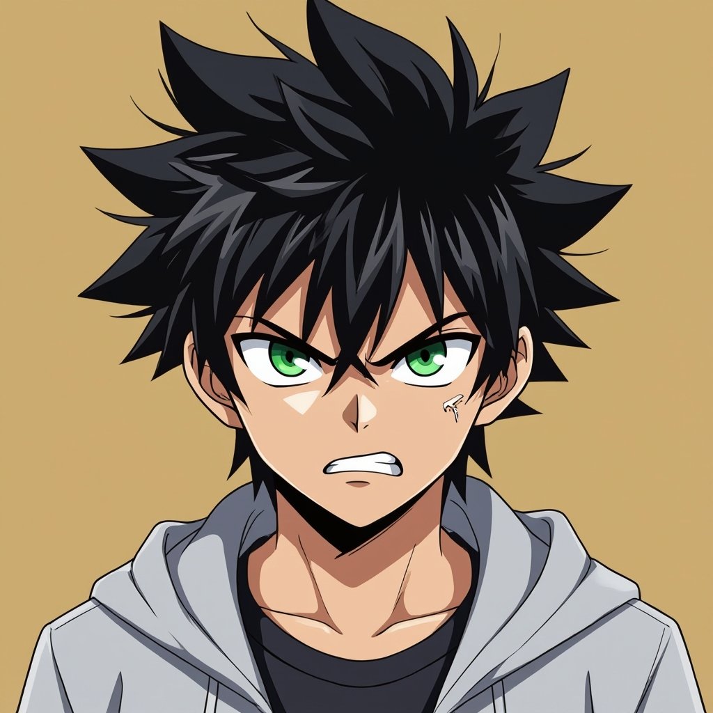 Male. 15 years old. Black hair. Green eyes. Angry. 