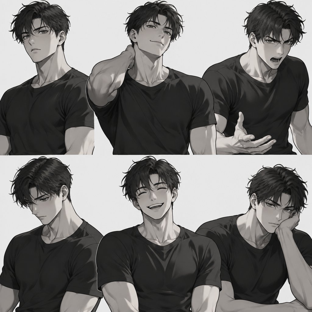 Different face expressions half body drawing base, dynamic, male