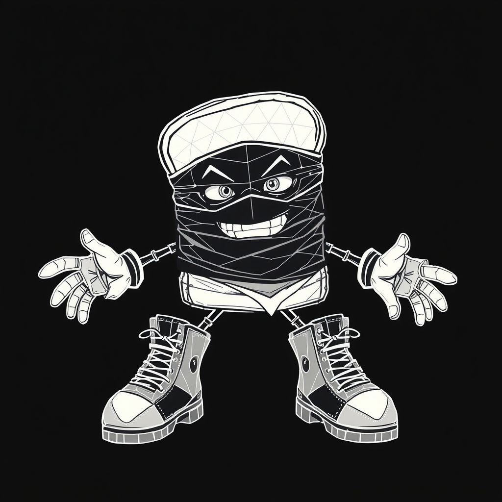 Create a funny looking clumsy sandwhich thief with funny shoes on. Make him have on the bandit black thing around his eyes