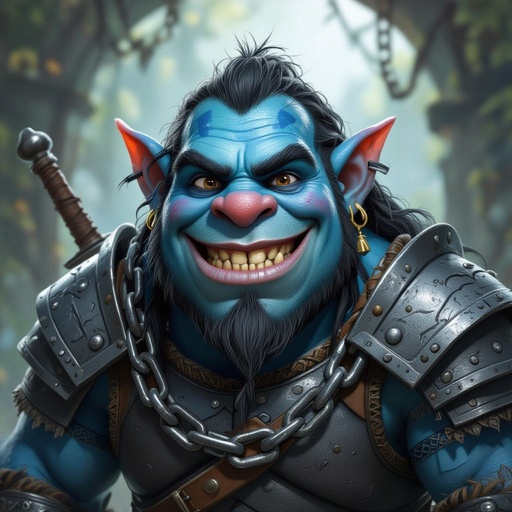 blue ogre with heavy chain mail, happy expression