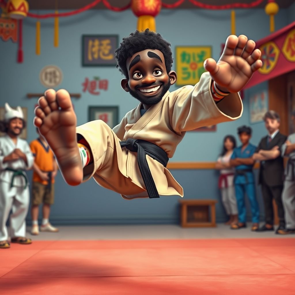 Create a character who looks like a funny African karate guy who doesn’t have a clue what he is doing. Make him have weird toes