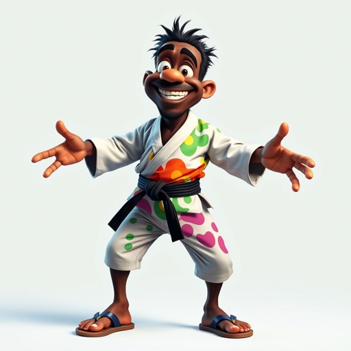Create a character who looks like a funny African karate guy who doesn’t have a clue what he is doing. Make him have weird toes, only speedos on and a black karate belt.