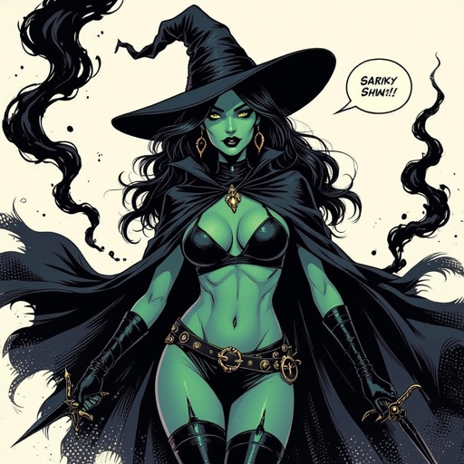 sexy shadow demon witch gypsy slate grey skin large black billowing cloak that emits darkness and shadow smoke. Two piece. Witches Hat.  Wields Black Evil Shadow Smoke Daggers