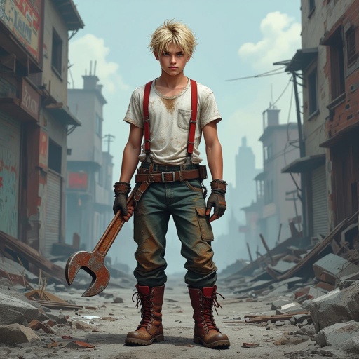 16 years old. Blond gypsy. Male. Carries a wrench. Wears a white t-shirt with a pocket. Tucked in. Red Suspenders. Mechanic boots. Skinny, but muscular. Tussled hair. 