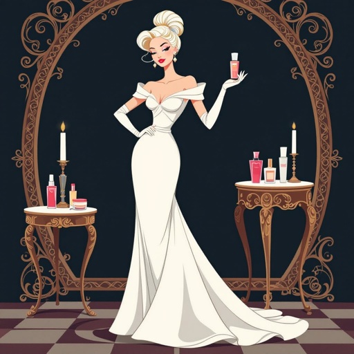 Create a character showing there whole body head to toe, a lady who loves beauty products  