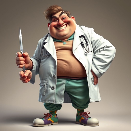 .. create a fat doctor. Who is funny human looking from head to toe. And he always immediately results to surgery for anything even small things. So please be sure to show his whole outfit head to toe. Make him have 1 tooth. Make it more adult humor instead of cartoon humor.