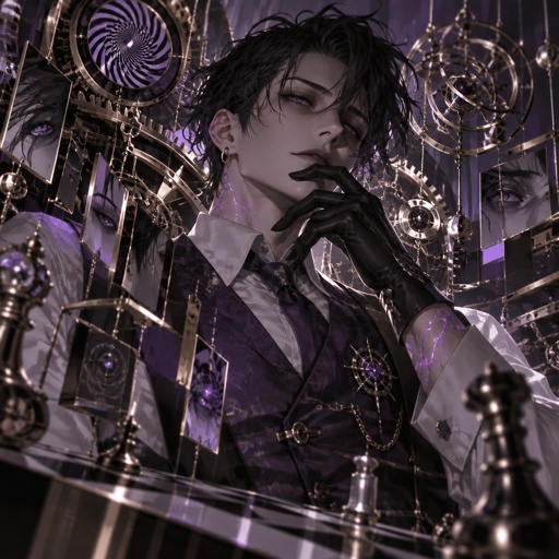 Male, slim, slight eye bags, black messy hair, back hair, brushed side hair, strands of hair in the middle of forehead, ear piercing ring, gloves, purple glowing veins, purple vest, white shirt, no facial hair, bad guy, mid 30s
