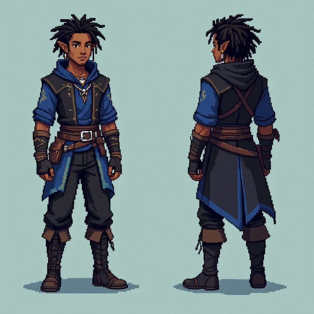 A 19 year old half human and half elf black man with short dreads wearing black and blue and brown eyes