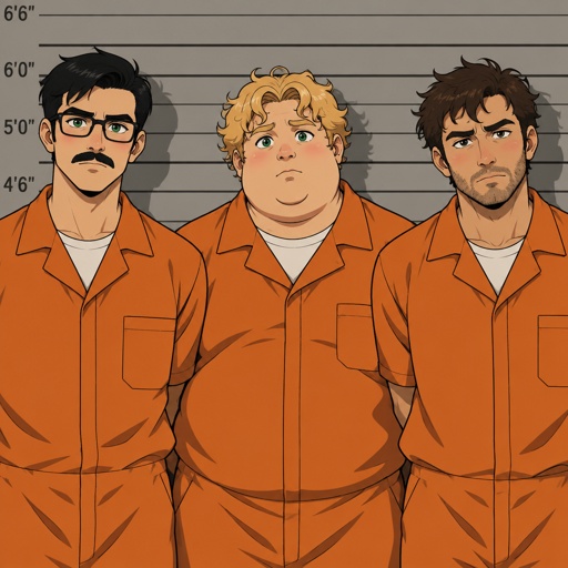 Male, green eyes, mustache, neck length black hair, neat hair, black glasses, male blonde curly hair, green eyes, blush, male, blonde curly hair, green eyes, fat, blush, the blonde guy and the fat guy are twins, there all wearing orange jumpsuits getting there mugshots taken, cinematic 