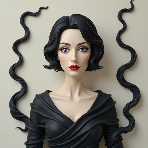 Create A lithe, mysterious woman draped in layered black silks that move like smoke around her. Her jet-black hair is cut sharp to her jawline, and her violet eyes seem to pierce through darkness.