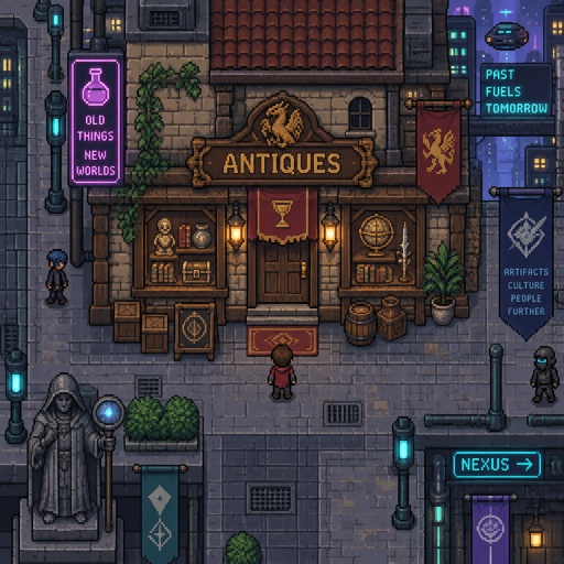 Antique store for a fantasy game set in futuristic times, exterior, top-down style,