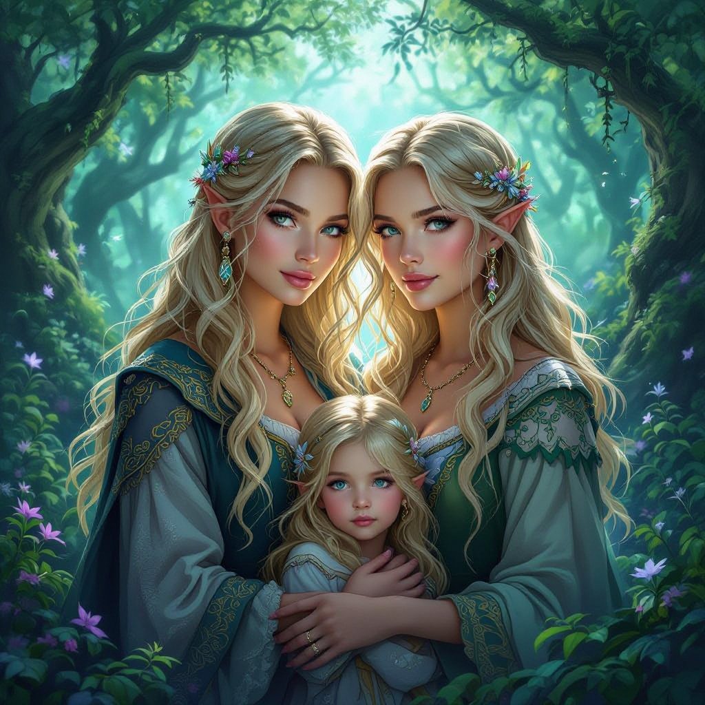 Twin women’s with blond hair with their family and children 