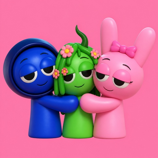 Jevin from Sprunki and Pinki From Sprunki cuddling each other with Vineria from Sprunki in the middle of them