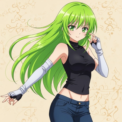 a girl with green hair, blonde bangs, green eyes, black sleeveless top, midnight blue Jeans and white fingerless gloves