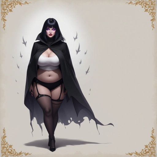 Create fat mysterious woman jet-black hair is cut sharp to her jawline, and her violet eyes seem to pierce through darkness. A shadowy aura clings to her form, faint shapes shifting and flickering behind her like whispers of another realm. Show whole body head to toe