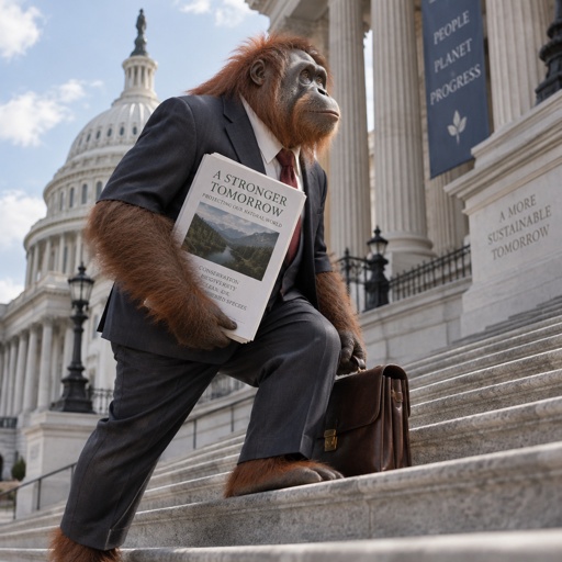 A orangutan going up the steps of congress in a nice suite. Try to get a bill to stop destruction of nature and endangered species.  
