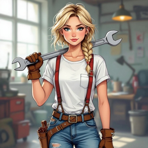 16 years old. Blond gypsy. Carries a wrench. Wears a white t-shirt with a pocket. Tucked in. Red Suspenders. Mechanic boots. Skinny, but muscular. Tussled hair.