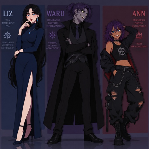 Three siblings, Female name Liz, oldest, tale, pale, beautiful, very call expression, mysterious, black hair long curtain bangs style, bright blue eyes, wearing a dark blue long turtleneck dress, high heels, eye liner,dark eye shadow,red lips, wearing jewelry, Anime style, Agent Ward male, middle child, made to be a weapon, highly skilled, emergency backup case he gets out of control, hair violet messy bun, clean shaven, night vision eyes no goggles, sharp teeth, dark power, tall, intimidating, big grin, he's used as an emergence backup weapon, Female Ann, youngest sibling, medium hight pale, tan, blue eyes, vivid purple dim hair in a messy bun her front hair is swooped down in her right side, mischievous smile, rebel/ grunge clothe style,ward angered by Ann his dark powers increased, Ann arguing back Liz trying to break the argument 